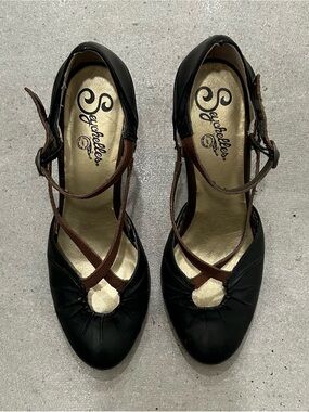 Seychelles Black High Heels with Brown Crisscross Straps